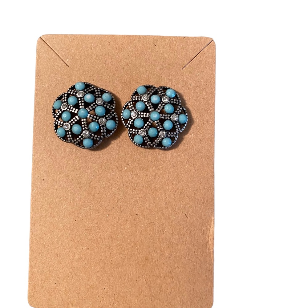Faux Turquoise and Silvertone Filigree Cluster Earrings